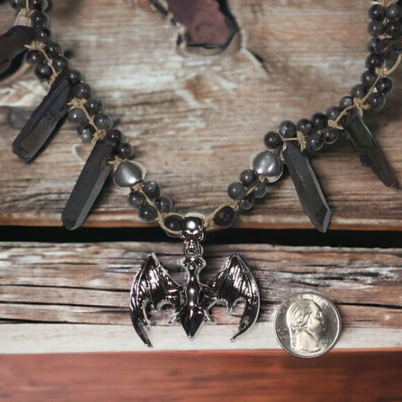 NEW Handmade Vampire Bat Necklace with Grey Quartz Spikes and Gemstones. - Picture 4 of 7